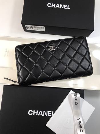Chanel Long Wallet Zippy Black Silver Lambskin 19x10cm