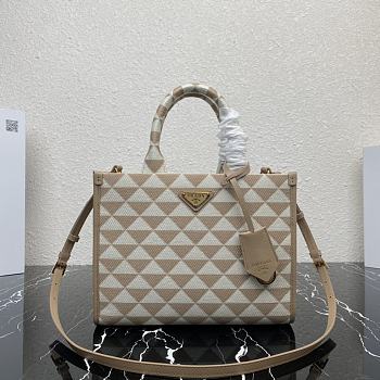 Prada Small Symbole Embroidered Fabric Handbag Beige 28x22x9cm