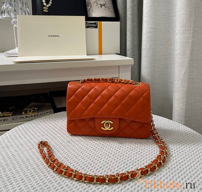 Chanel Small Flap Bag Lambskin Orange Gold 20cm - 1