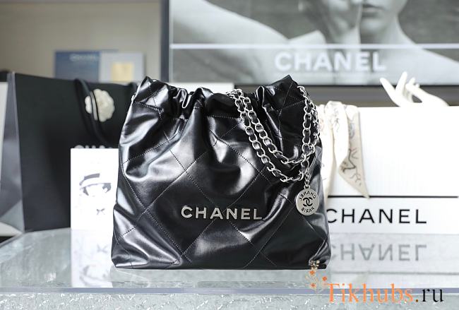 Chanel 22 Handbag Shiny Calfskin Black Silver Hardware 38x42x8cm - 1