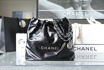 Chanel 22 Handbag Shiny Calfskin Black Silver Hardware 38x42x8cm