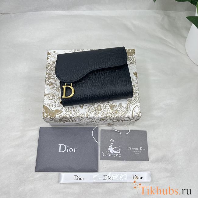 Dior Saddle Lotus Wallet Black Grained Calfskin 10x9x2.5cm - 1