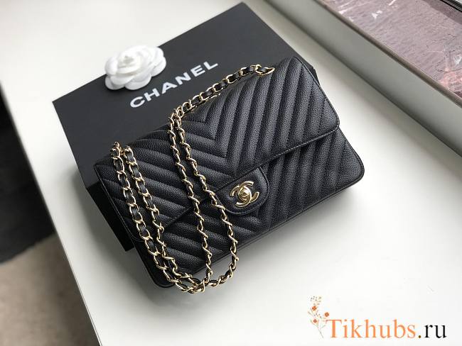 Chanel Medium Flap Bag Chevron Black Caviar Gold 25cm - 1