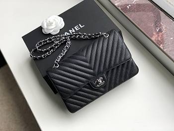 Chanel Medium Flap Bag Chevron Black Caviar Silver 25cm