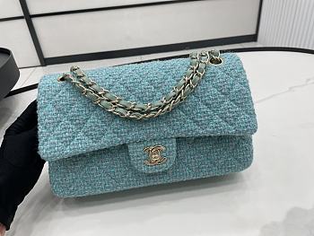 Chanel Rectangular Flap Bag Blue Tweed Light Gold Hardware 25cm