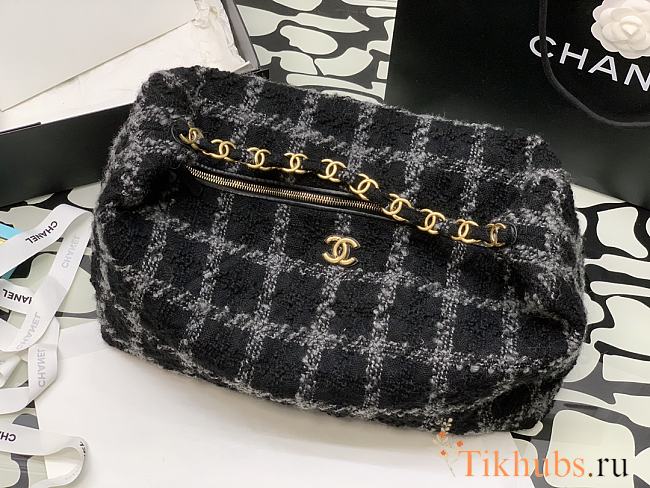 Chanel Maxi Hobo Bag Wool Tweed Black & Gray 50x33x24cm - 1