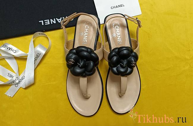 Chanel Flower Camellia Beige Black Sandals - 1