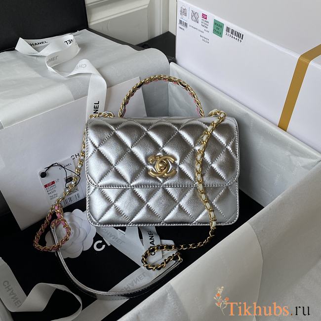 Chanel Mini Flap Bag With Top Handle Silver Gold 20x14x7.5cm - 1