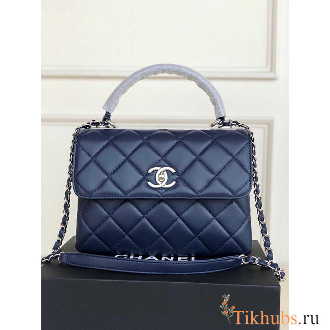 Chanel Trendy CC Flap Bag Top Handle Lambskin Dark Blue Silver 25x15x17cm - 1