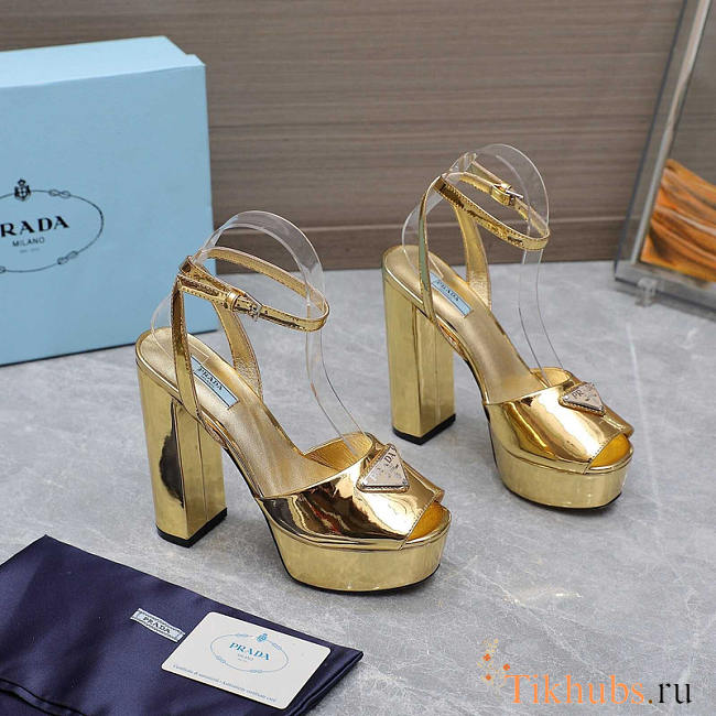 Prada Metallic Leather Platform Sandals Heels Gold - 1