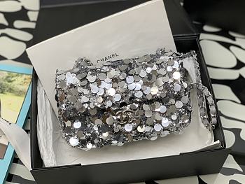 Chanel 23P Limited Edition New Classic Sequin Bag Silver 20cm