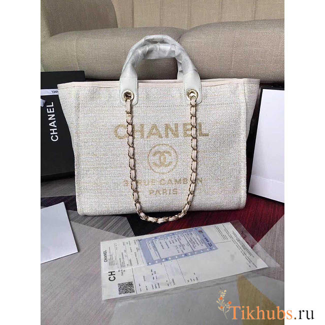 Chanel Deauville Chain Bag Cream White Women Tweed Tote 39x20x30cm - 1