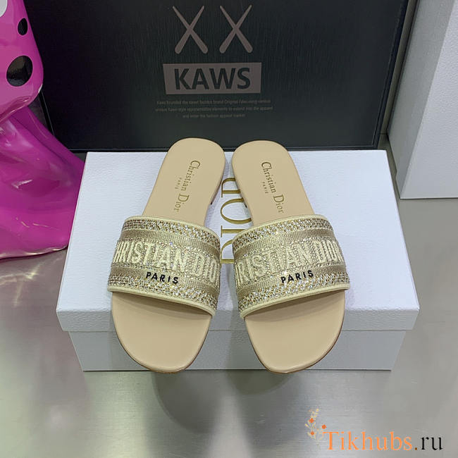 Dior Dway Slide Gold-Tone Cotton Embroidered Slides - 1