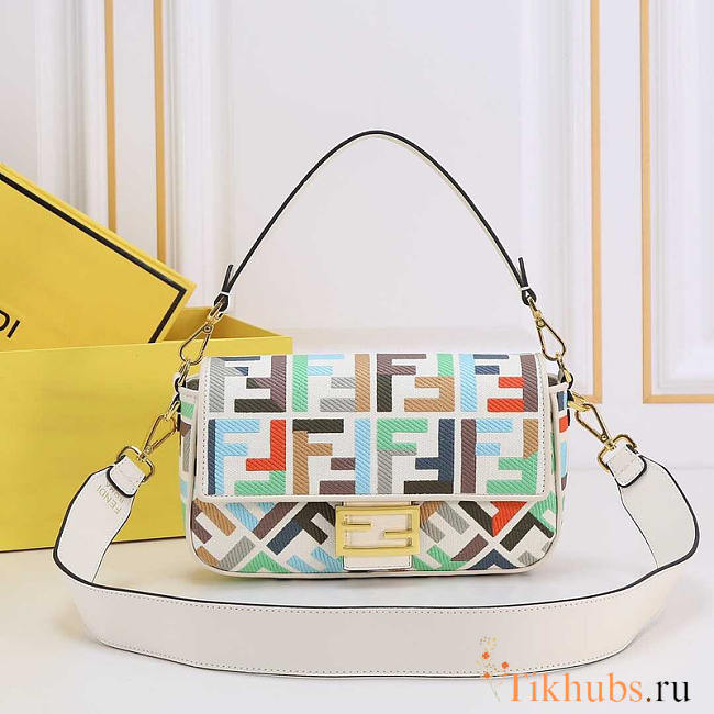 Fendi Baguette Multicolor Canvas Bag With FF Embroidery 27x15x6cm - 1