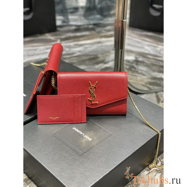 YSL Uptown Chain Wallet Gold Red 19x12x4cm - 1