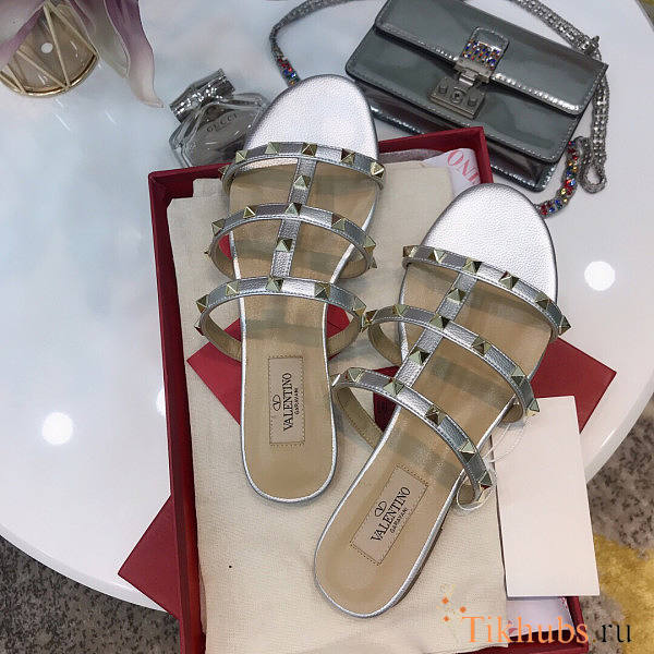 Valentino Rockstub Calfskin Leather Slide Sandal Silver Heels 6cm - 1