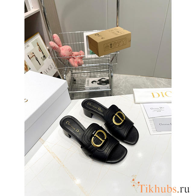 Dior Black Leather 30 Montaigne Slide Sandals Heel 4cm - 1