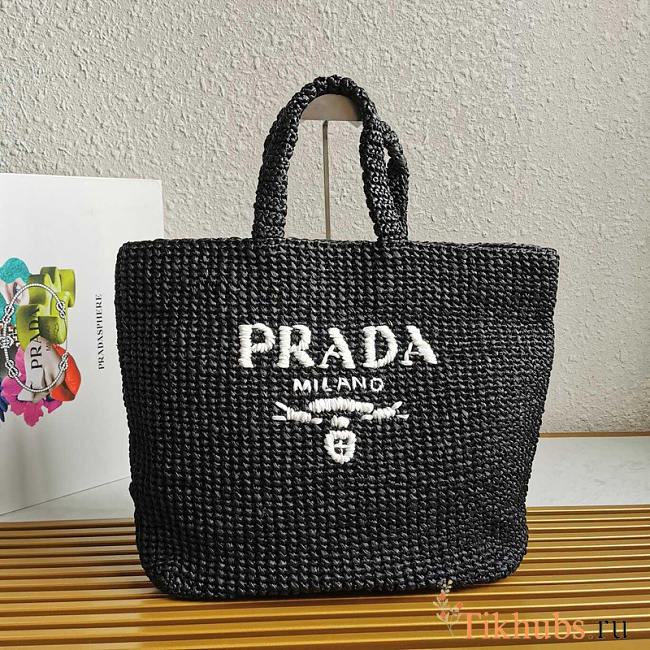 Prada Raffia Tote Bag Black 40x34x16cm - 1