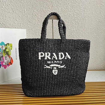 Prada Raffia Tote Bag Black 40x34x16cm