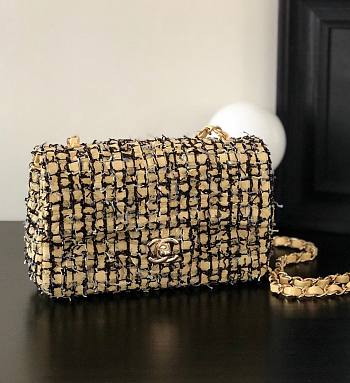 Chanel Flap Bag Tweed Quilted Yellow Gold Hardware 20x10x7cm