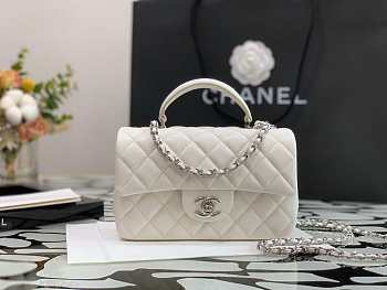 Chanel Mini Flap Bag Caviar Top Handle White Silver 20x13x9cm