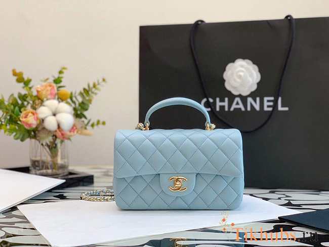 Chanel Flap Bag Lambskin Top Handle Blue Gold 20x13x9cm - 1