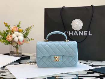 Chanel Flap Bag Lambskin Top Handle Blue Gold 20x13x9cm