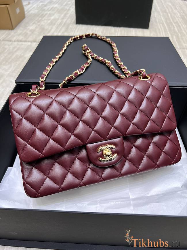 Chanel Medium Flap Bag Lambskin Red Wine Gold 25cm - 1