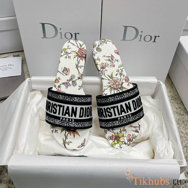 Dior Dway Slide White Multicolor Botanique Motif  - 1