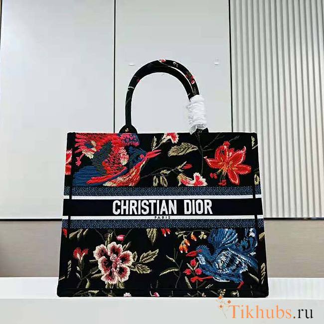 Dior Large Book Tote Black Multicolor Birds Embroidery 42 x 35 x 18.5 cm - 1