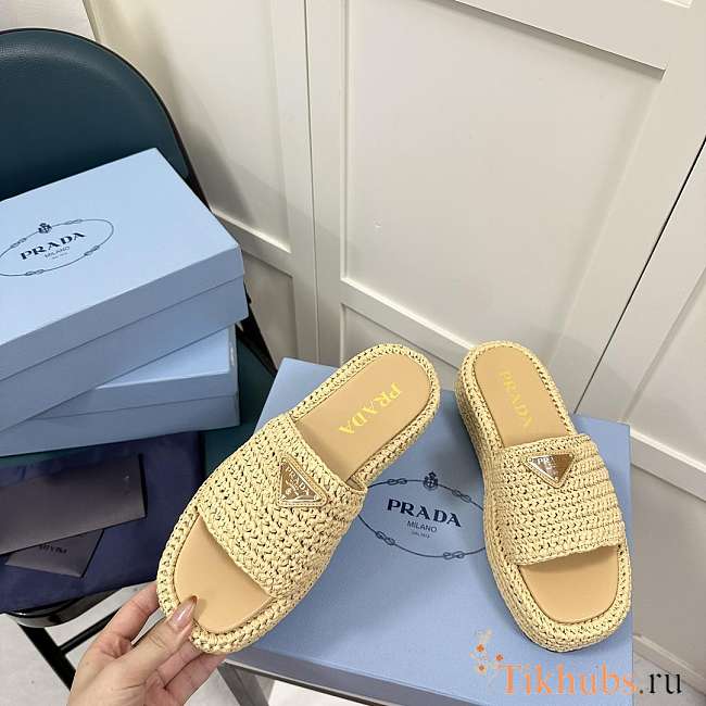 Prada Crochet Flatform Slides Natural tikhubs.ru