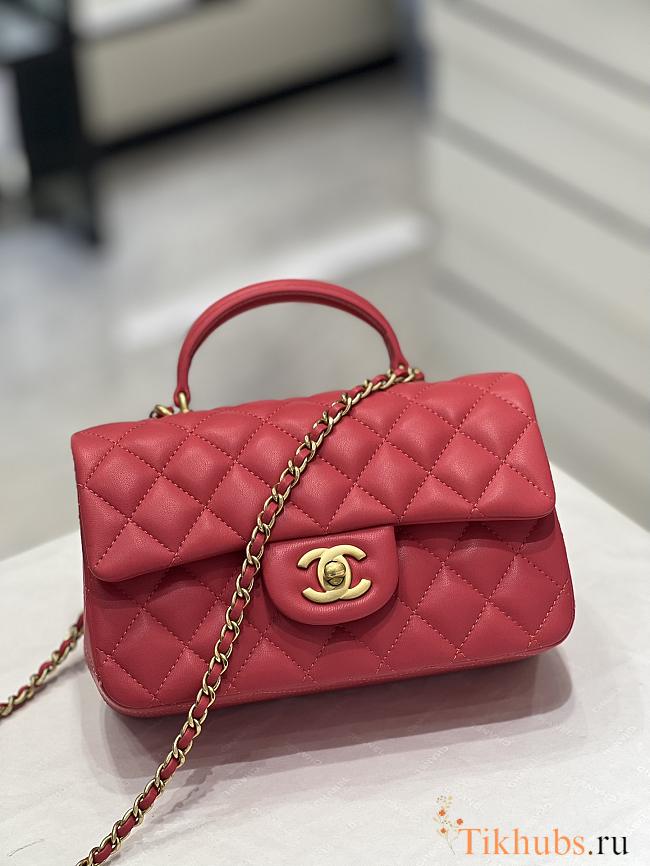 Chanel Flap Bag Top Handle Red Lambskin Gold 20x12x6cm - 1