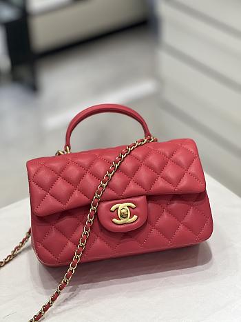 Chanel Flap Bag Top Handle Red Lambskin Gold 20x12x6cm
