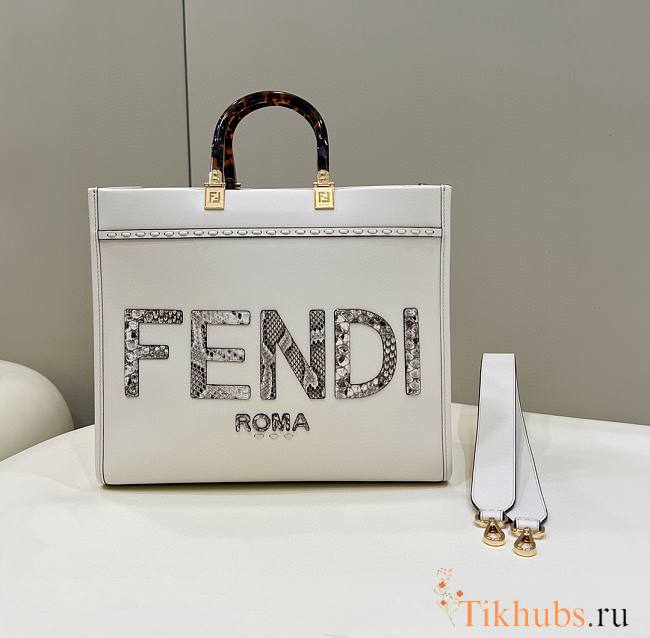 Fendi Sunshine Medium White Leather Elaphe Shopper 35x31x17cm - 1