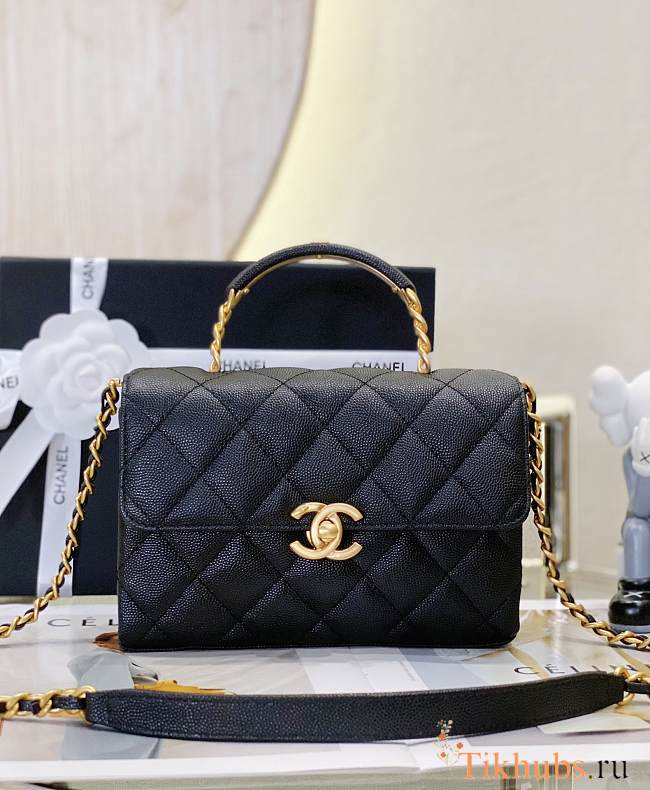 Chanel 23S Flap Bag With Top Handle Caviar Gold Black 19x13x7.5cm - 1