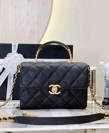 Chanel 23S Flap Bag With Top Handle Caviar Gold Black 19x13x7.5cm