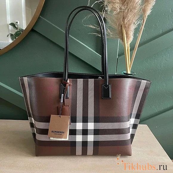 Burberry Medium Check and Leather Tote Brown 34x14x28cm - 1