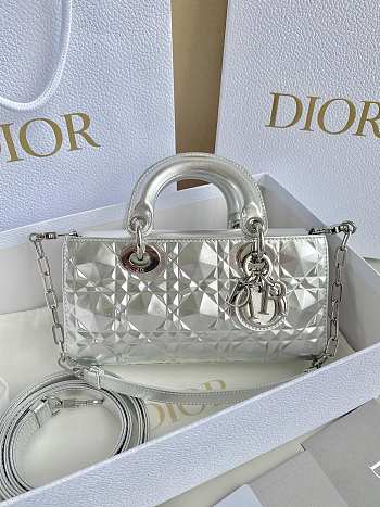 Dior Small Lady D-joy Bag Silver Tone Metallic Diamond Motif 22 x 12 x 6 cm