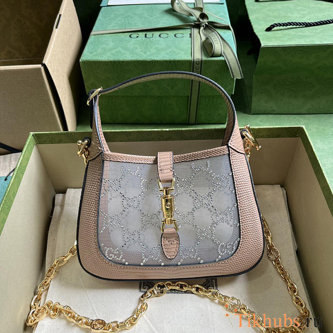 Gucci Jackie 1961 Mini Crystal GG Lizard Bag Pink 19x13x3cm - 1