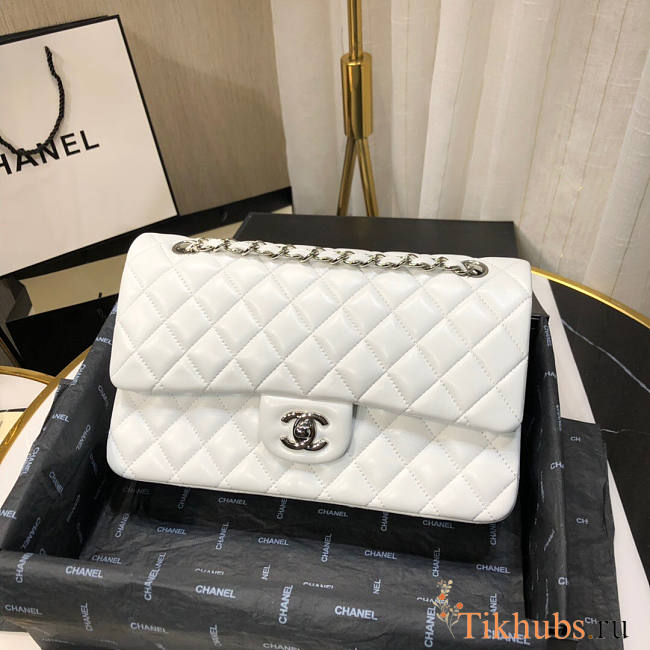Chanel Flap Bag White Lambskin Silver 25cm - 1