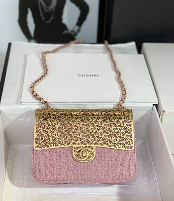 Chanel Mini Evening Bag Wool Tweed & Gold Pink 7x12x5cm