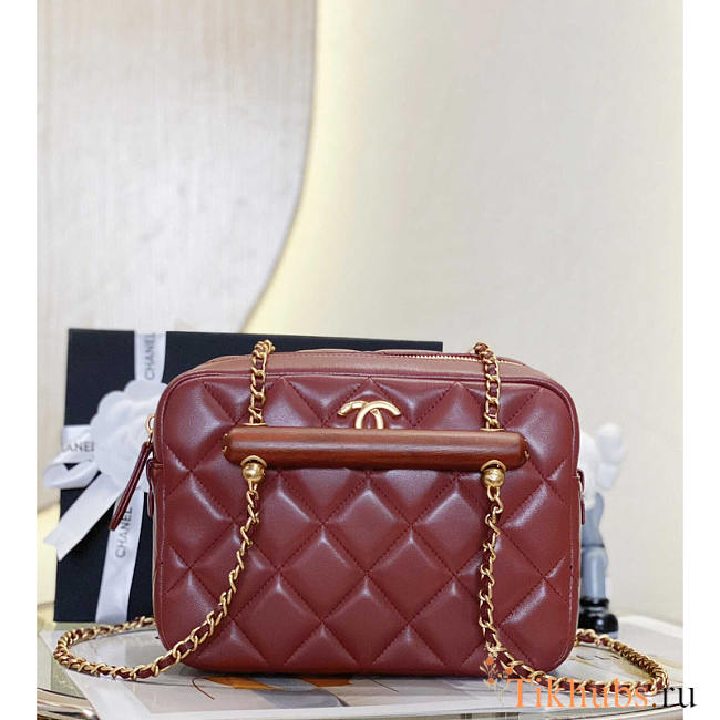 Chanel Mini Bowling Bag Lambskin & Wenge Wood Burgundy 12.5x21x6cm - 1