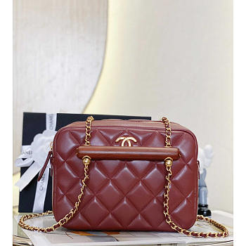 Chanel Mini Bowling Bag Lambskin & Wenge Wood Burgundy 12.5x21x6cm