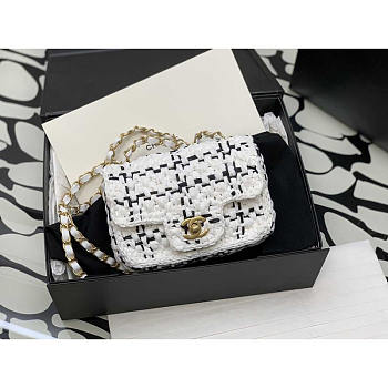 Chanel Mini Flap Bag Raffia Effect Tweed Gold White 17x13x6cm