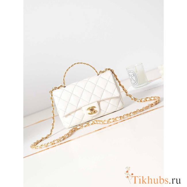 Chanel Small Flap Bag With Handle Lambskin Gold White 13x21x8cm - 1