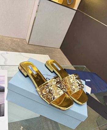 Prada Leather Studded Metallic Slides Gold