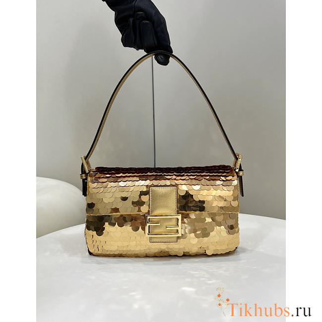 Fendi Baguette 1997 Leather And Sequinned Bag Gold 27x14x5cm - 1