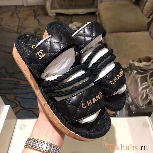 Chanel 21S Dad Cord Black Rope Quilted Gold CC Logo Mule Slides - 1