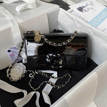 Chanel 2023 Patent Leather Camellia Catwalk Style Chain Bag Black 20cm