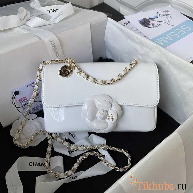 Chanel 2023 Patent Leather Camellia Catwalk Style Chain Bag White 20cm - 1